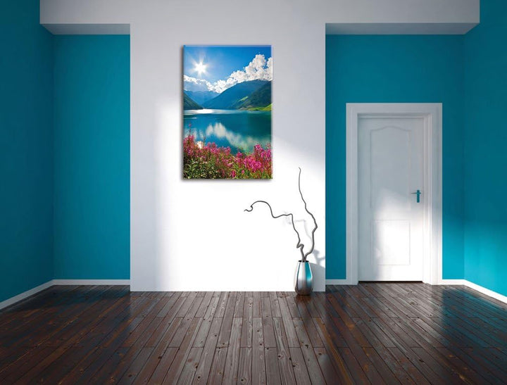 Blumenwiese am Bergsee, Format: 100x70 auf Leinwand, XXL riesige Bilder fertig gerahmt mit Keilrahme
