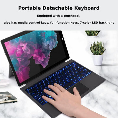 ASHATA Bluetooth Tastatur, Surface Tastatur mit Trackpad Wireless Keyboard 7-Farbige Led-Hintergrund