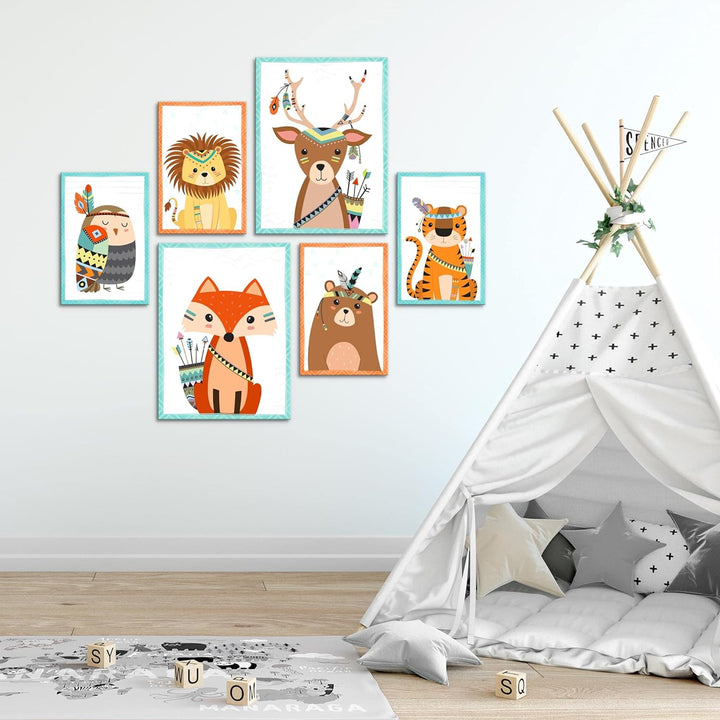 Novart Bilder Set - AUFHÄNGFERTIG - KEIN EXTRA RAHMEN BENÖTIGT - Tiere Modern Indianer - Kinderzimme
