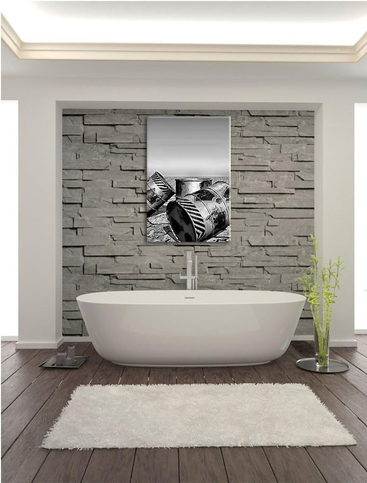 Pixxprint Monocrome, Atommüllfässer in ausgetrockneter Wüste, Format: 100x70 auf Leinwand, riesige B