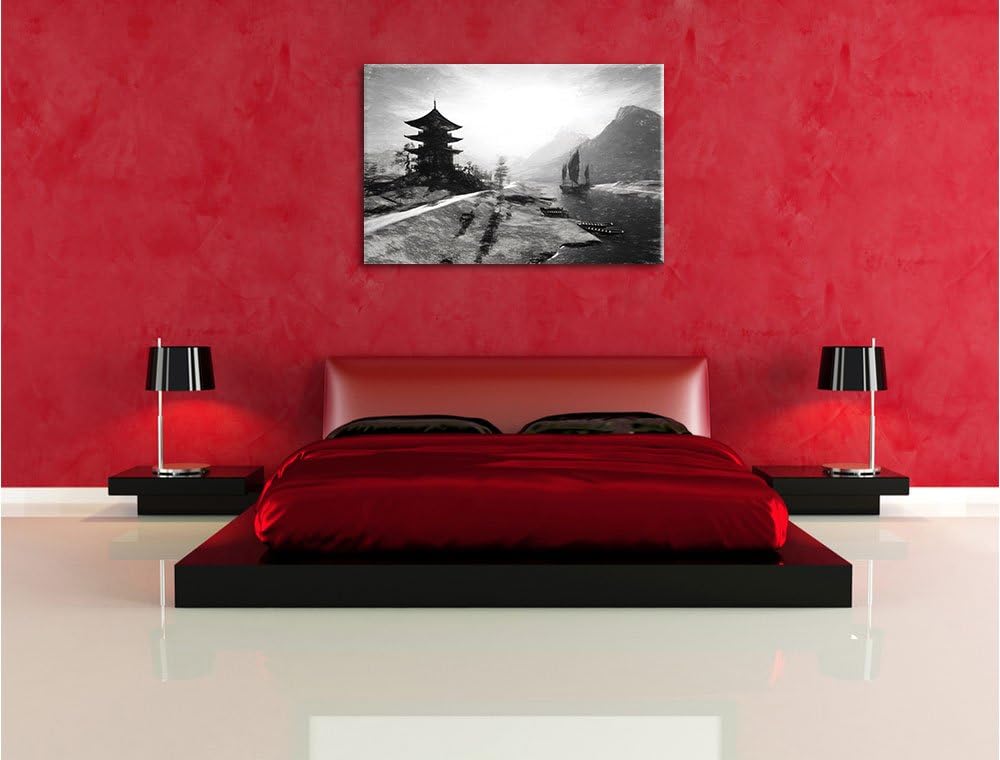 Pixxprint asiatischer Tempel an Fluss als Leinwandbild/Grösse: 100x70 cm/Wandbild/Kunstdruck/fertig