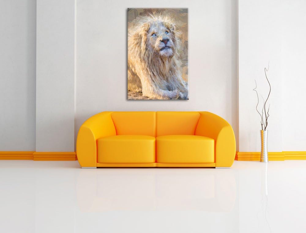 anmutiger weisser Löwe Deluxe Format: 100x70 cm auf Leinwand, XXL riesige Bilder fertig gerahmt mit