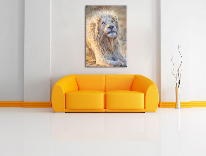 anmutiger weisser Löwe Deluxe Format: 100x70 cm auf Leinwand, XXL riesige Bilder fertig gerahmt mit
