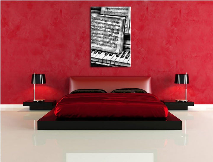 Pixxprint Klavier mit Notenblätter / 100x70cm Leinwandbild bespannt auf Holzrahmen/Wandbild Kunstdru