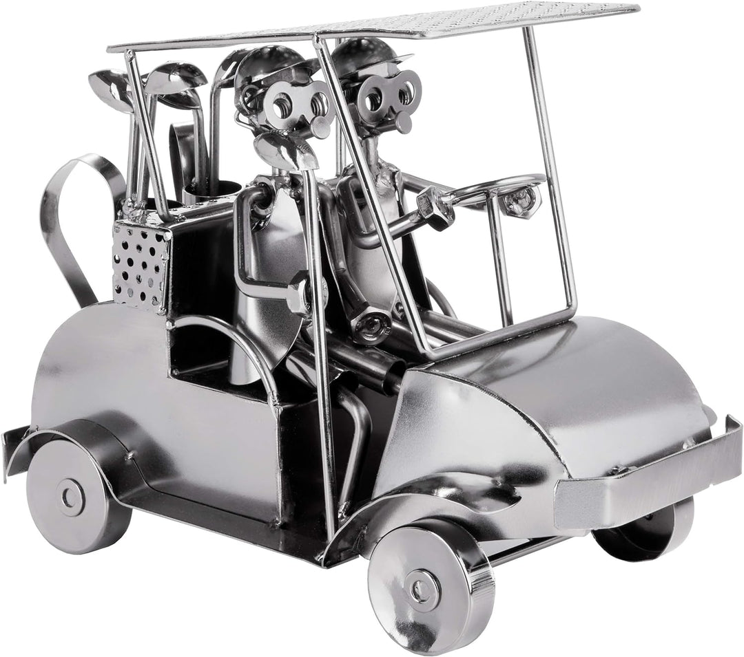 BRUBAKER Schraubenmännchen Golfcart - Handarbeit Eisenfigur Metallmännchen Golf - 24 cm Metallfigur