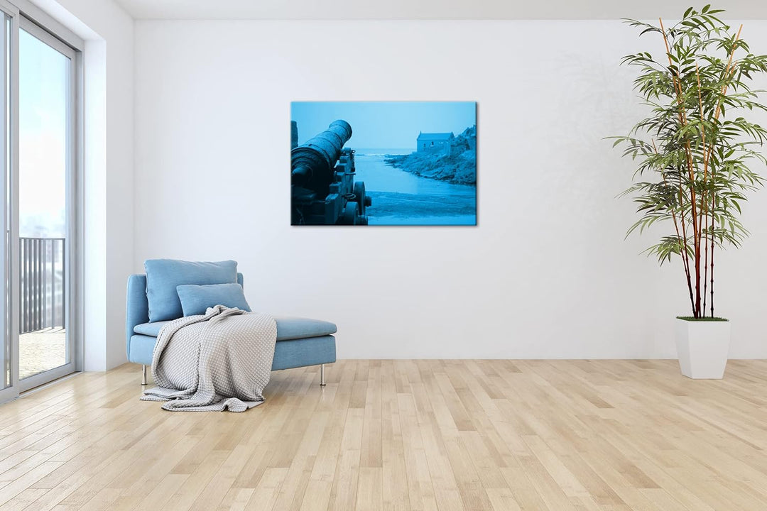 deyoli alte Kanone am Küstenufer Format 80x60 Effekt: Monocrome Blau als Leinwandbild, Motiv fertig