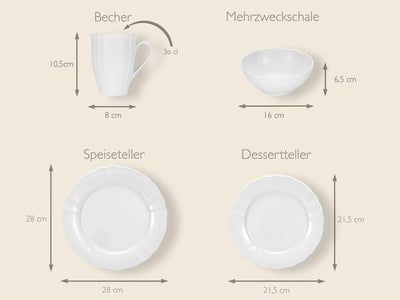 CreaTable, 23820, Serie Flora Weiss, Geschirrset, Kombiservice 16 teilig, Weiss