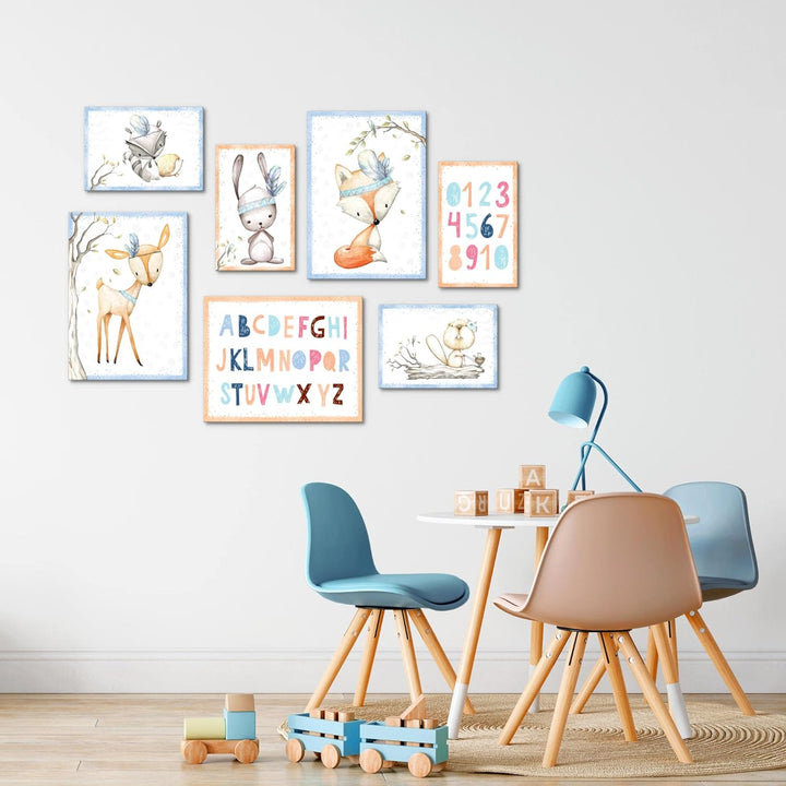 Novart Wandbilder Indianer Tiere - KOMPLETT AUFHÄNGFERTIG - Blau Kinderzimmer Mädchen Junge- 7 Moder