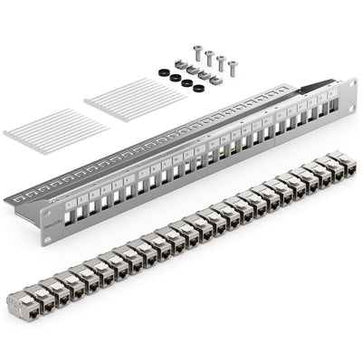 deleyCON 24 Port Patchpanel Set Patchfeld Modular 1 HE 19" Zoll Rackeinbau + 24x RJ45 Keystone Modul