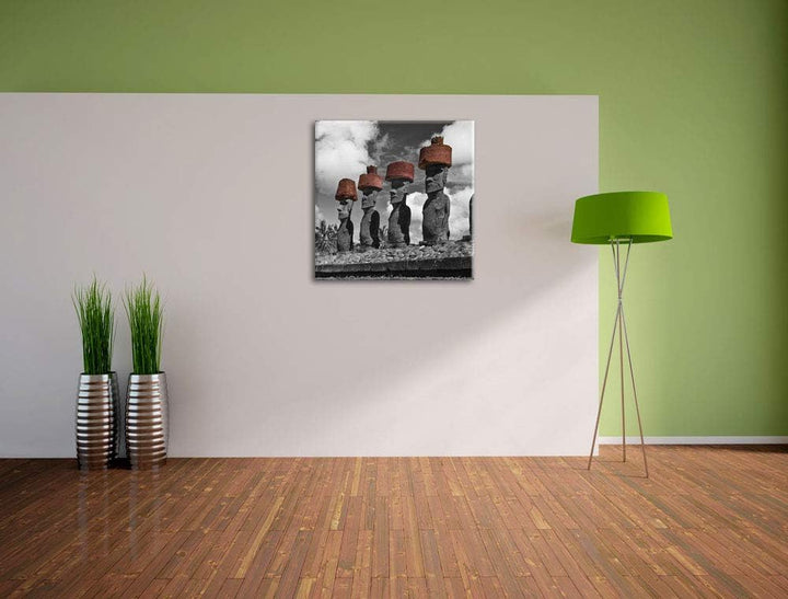 Pixxprint Moai Statuen auf den Osterinseln schwarz/weiss, Format: 70x70 auf Leinwand, 70x70