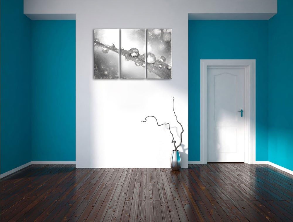Pixxprint Wassertropfen auf Grashalm Kunst Kohle Effekt 3-Teiler Leinwandbild 120x80 Bild auf Leinwa