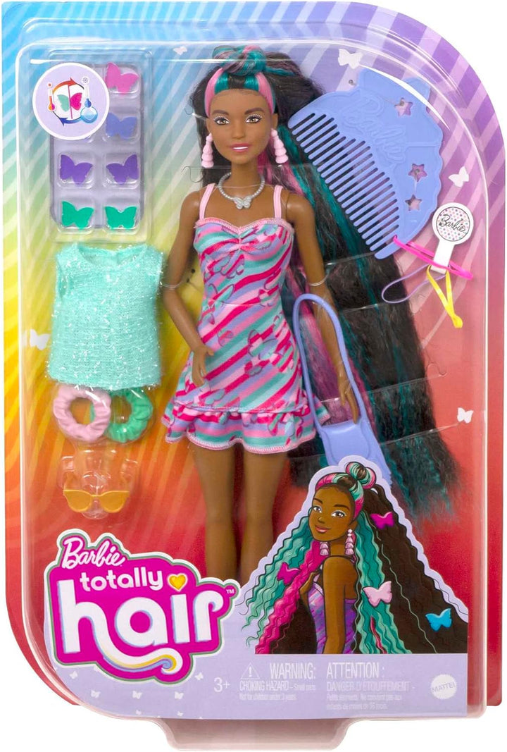 Barbie Totally Hair, Barbie-Puppe mit blauem, rosa & schwarzem Haar, buntes Schmetterlingskleid, Haa