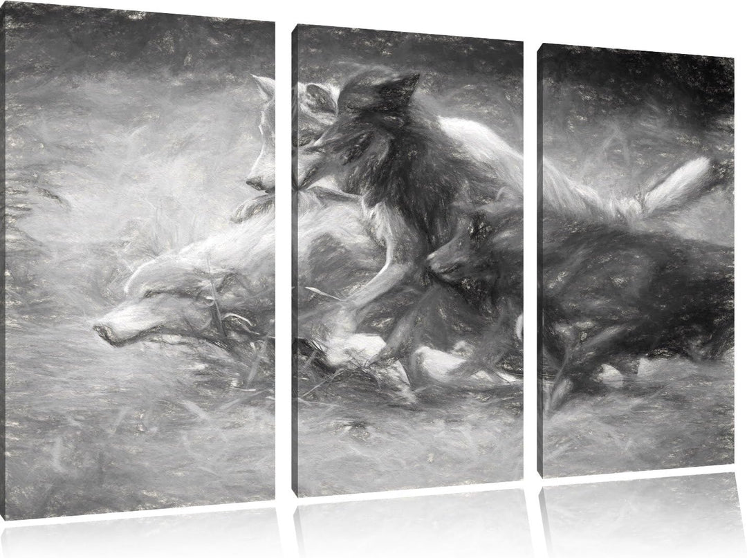 Pixxprint Tobendes Wolfsrudel als Leinwandbild/Grösse: 3 Teilig (120x80) cm/Wandbild/Kunstdruck/fert