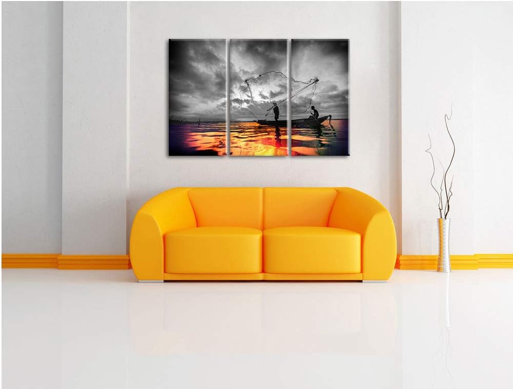 Angler angeln mit grossem Fangnetz auf See schwarz/weiss 3-Teiler Leinwandbild 120x80 Bild auf Leinw