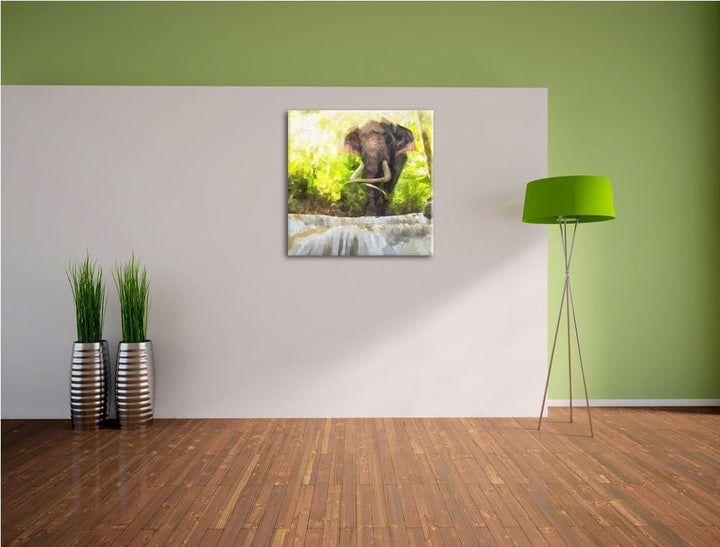 riesiger Elefant am Bach, Format: 70x70 auf Leinwand, XXL riesige Bilder fertig gerahmt mit Keilrahm