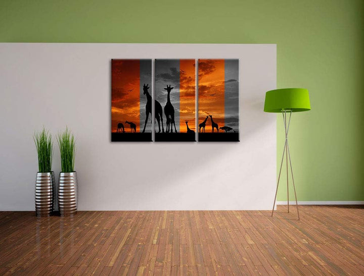 Afrika Giraffen im Sonnenuntergang schwarz/weiss 3-Teiler Leinwandbild 120x80 Bild auf Leinwand, XXL