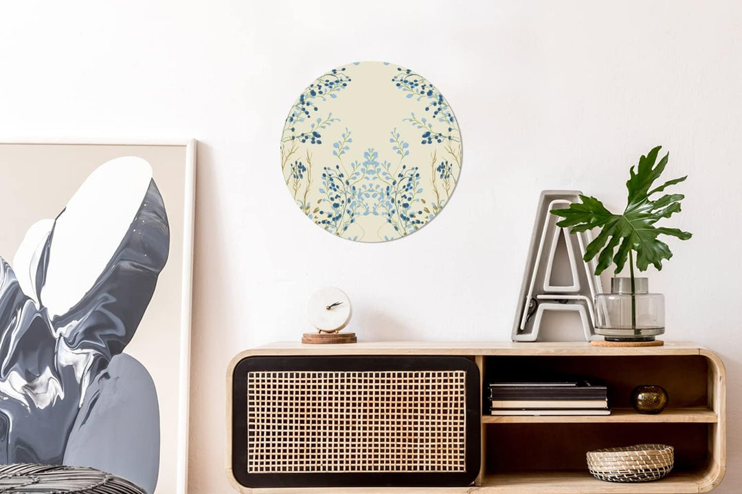 MuchoWow Wandbild Rund Wanddeko Deko Wohnzimmer Bilder 30x30 cm Blau - Beige - Pastell - Blätter, 30