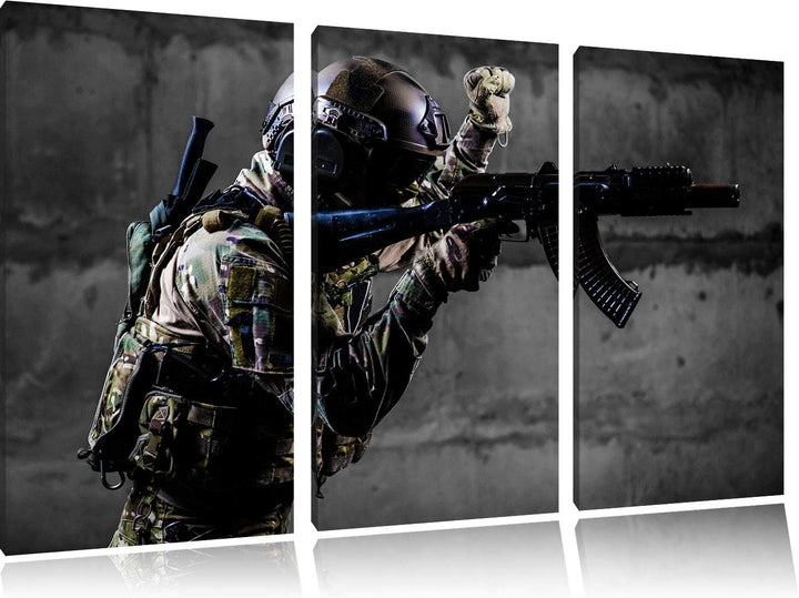 Pixxprint Soldat mit Uniform im Einsatz als Leinwandbild | Grösse: 3 Teilig (120x80) | Wandbild| Kun