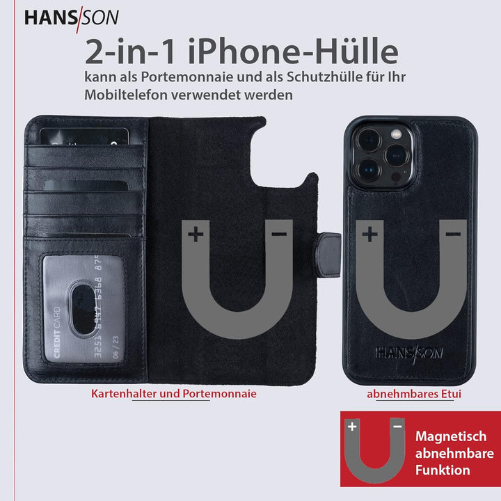 HANS/SON Hülle aus Echtleder mit Kartenfächern | iPhone 12 Pro Max Klapphülle in Schwarz | Geldbeute