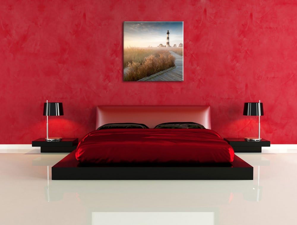 Leuchtturm im Nebel, Format: 70x70 auf Leinwand, XXL riesige Bilder fertig gerahmt mit Keilrahmen, K