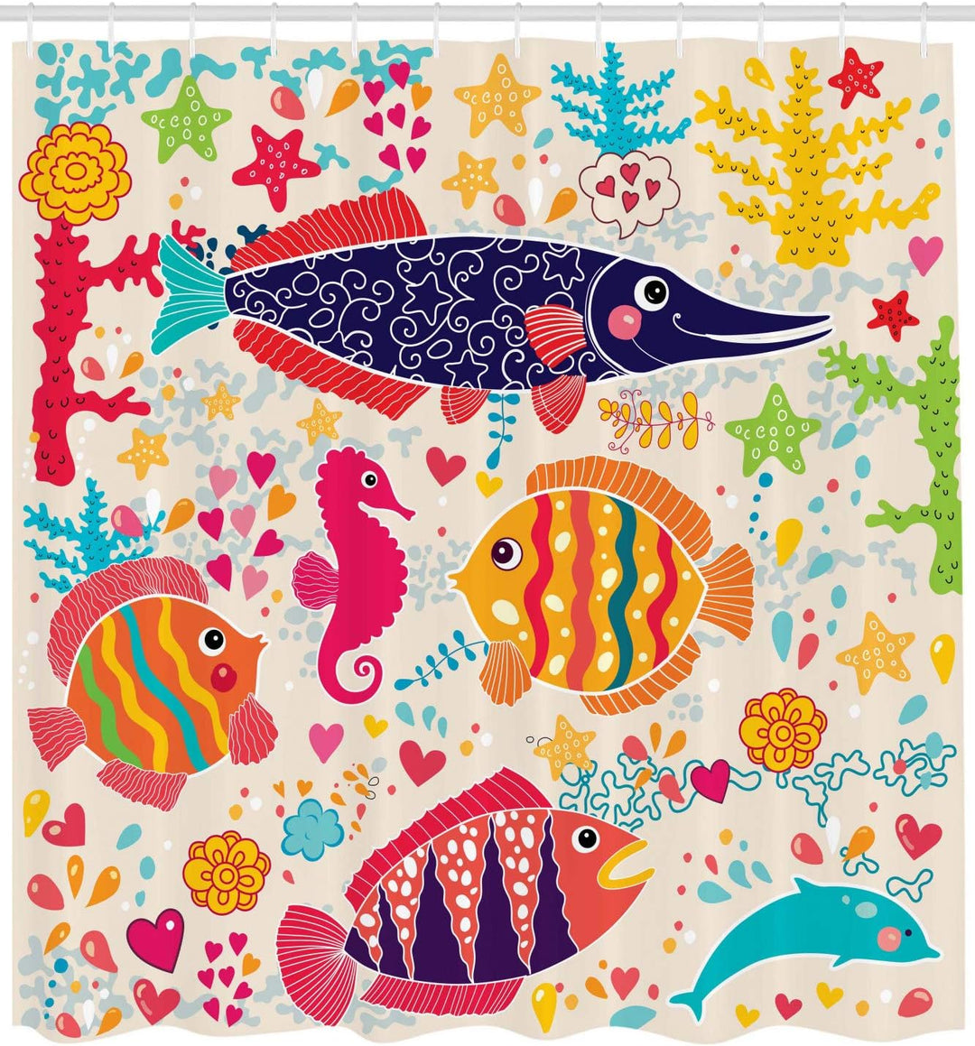 ABAKUHAUS Kids Duschvorhang, Cartoon Unterwasser Fisch, mit 12 Ringe Set Wasserdicht Stielvoll Moder