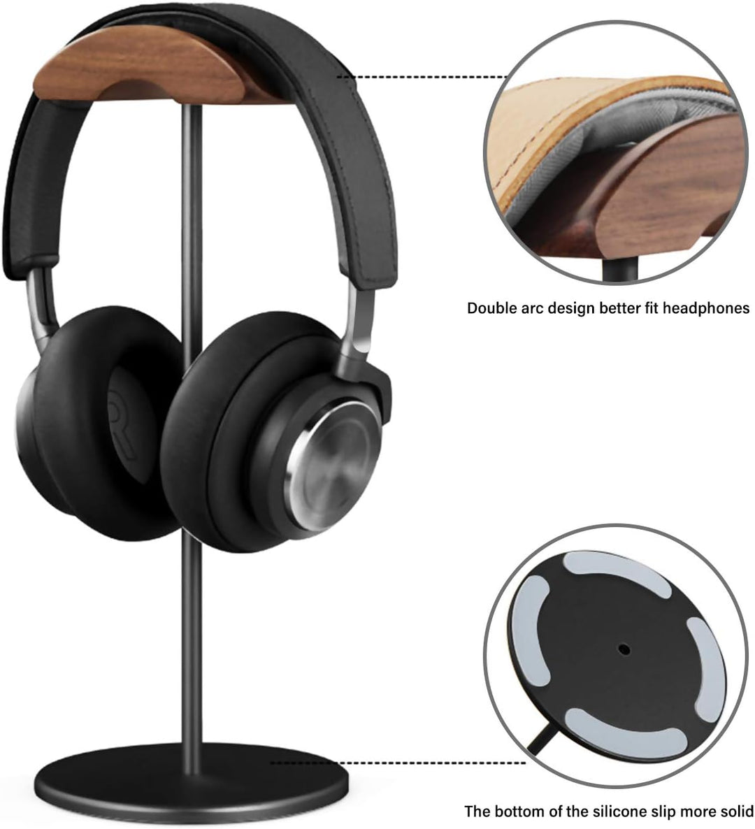 QinCoon Kopfhörer Ständer, Headset Halterung aus Walnuss Holz & Aluminium, Natur Walnuss Gaming Kopf