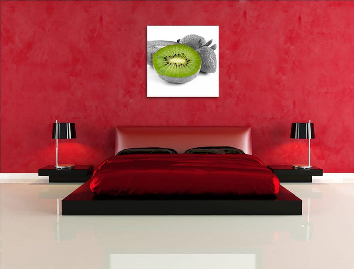 Pixxprint fruchtige Erdbeeren mit Kiwi als Leinwandbild Quadratisch| Grösse: 70x70 | Wandbild| Kunst