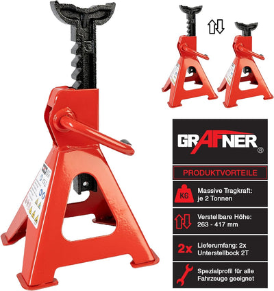 Grafner 2 Stück Unterstellböcke, 2 Tonnen Traglast, Hubhöhe 263 – 417 mm, höhenverstellbar, Ratschen