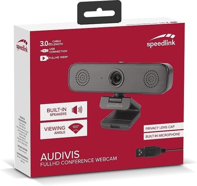 Speedlink AUDIVIS Full HD Conference Webcam – 100° Bildwinkel, integrierte Lautsprecher, schwarz