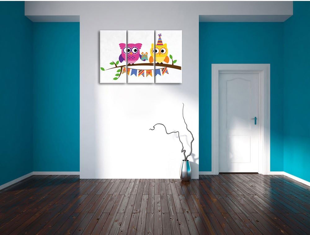 Pixxprint Eulen mit Geschenk auf AST als Leinwandbild/Grösse: 3 Teilig (120x80) cm/Wandbild/Kunstdru