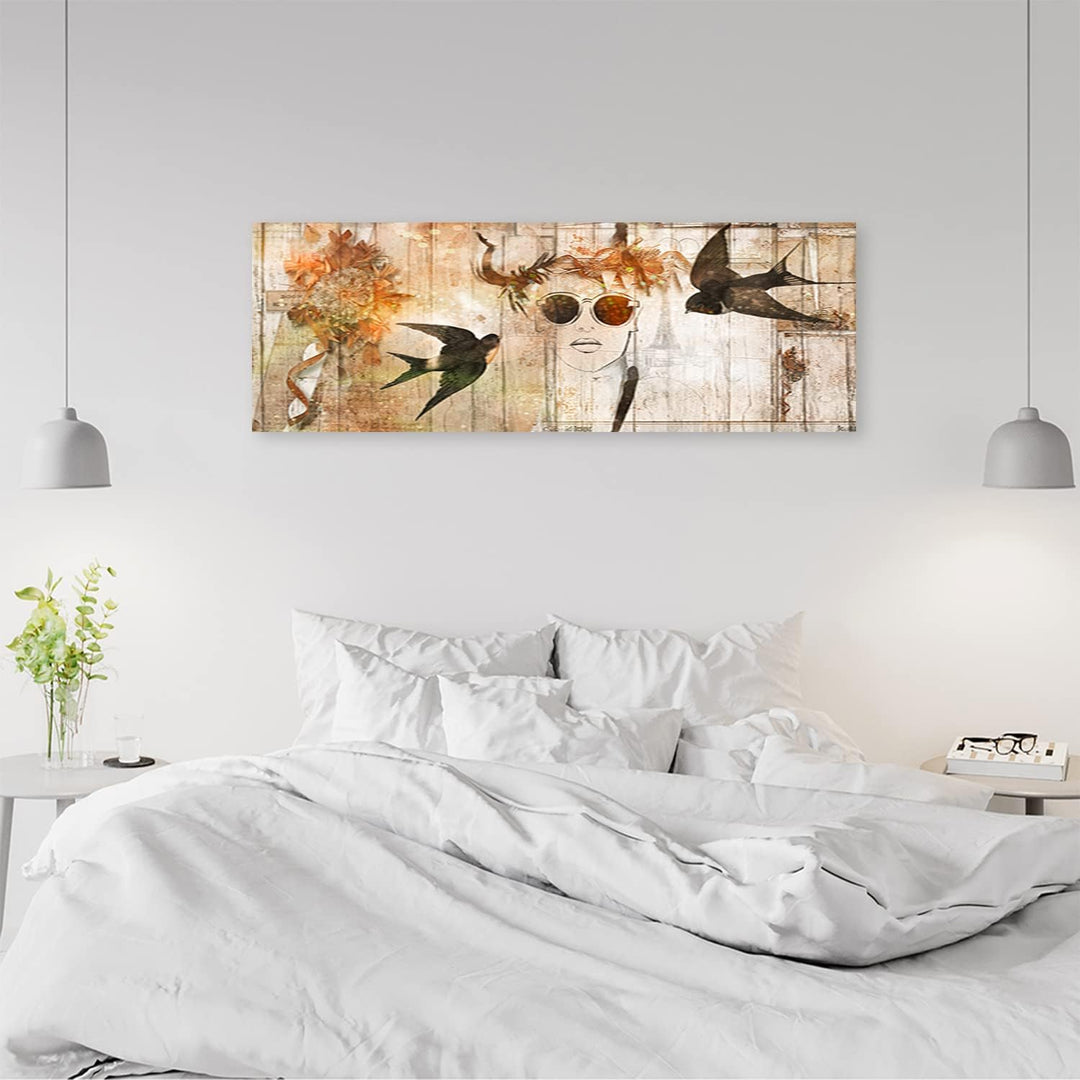 Feeby Bild auf Vlies Leinwand Vögel Sonnenbrille Frau Abstraktion 120x40 cm Kunstdruck Modern Wandbi