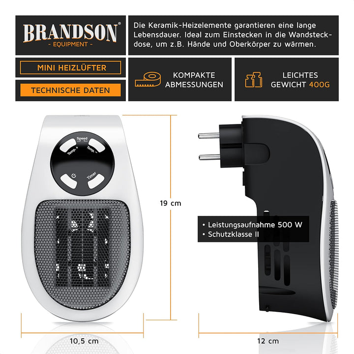 CSL - Steckdosen Heizlüfter mit Fernbedienung, Mini Keramik Heizung mit Thermostat, Lüfter 500W, Tem