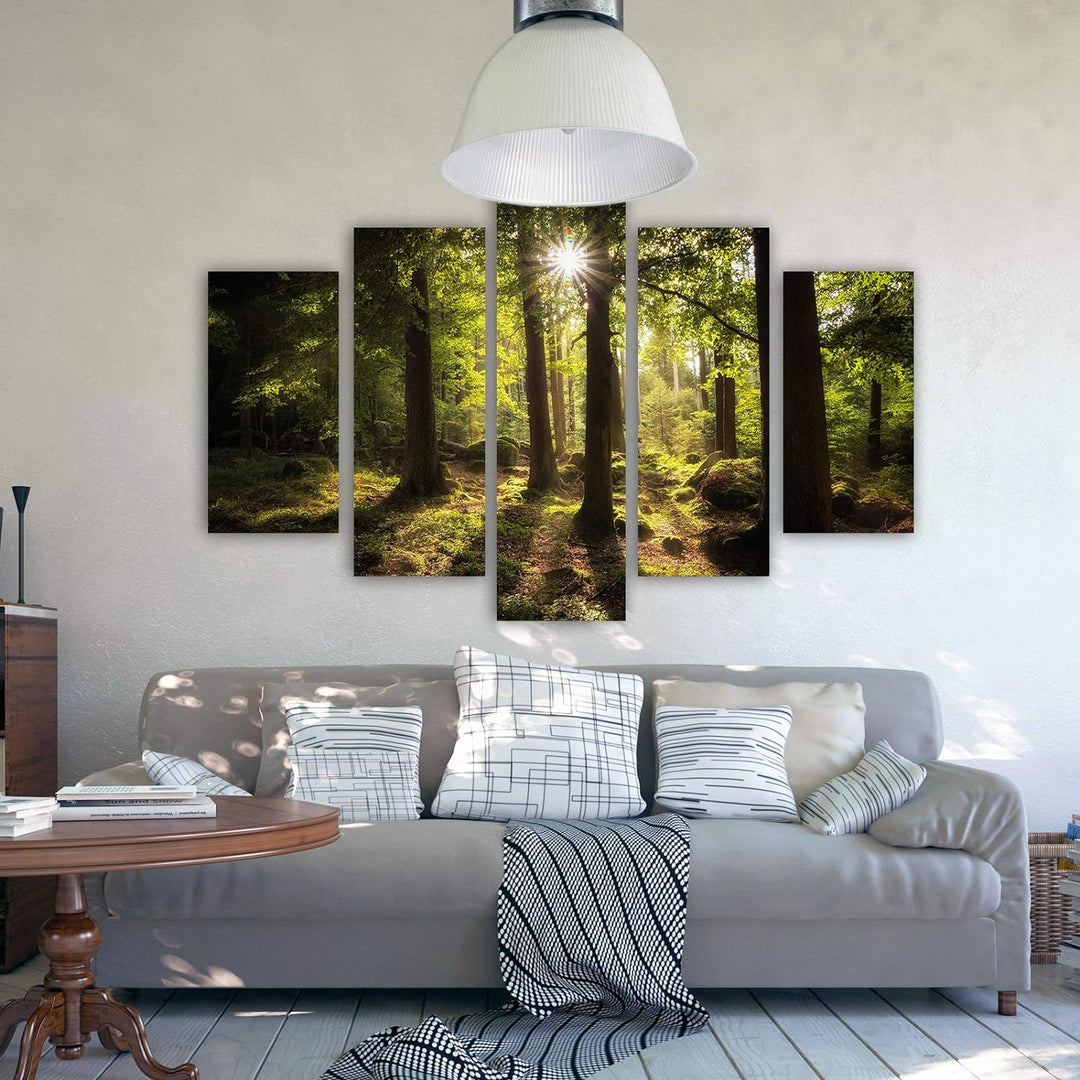 Feeby Bild auf Leinwand Landschaft 5 Teilig Modern Wald Bäume Sonne grün 200x100 cm Leinwandbild 200