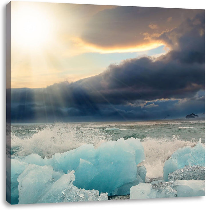 Pixxprint Blaues Polareis im Sonnenschein, Format: 70x70 auf Leinwand, 70x70