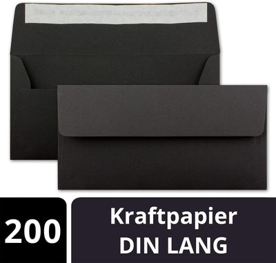 200x Kraftpapier Umschläge DIN Lang - Schwarz ÖKO - Haftklebung 11 x 22 cm - 120 g/m² breite Lasche