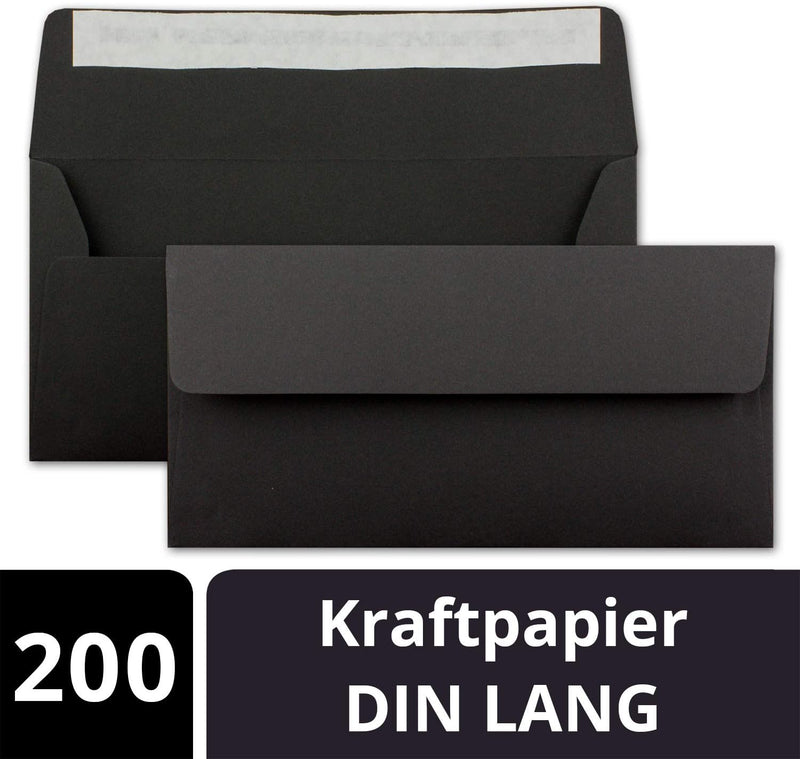 200x Kraftpapier Umschläge DIN Lang - Schwarz ÖKO - Haftklebung 11 x 22 cm - 120 g/m² breite Lasche
