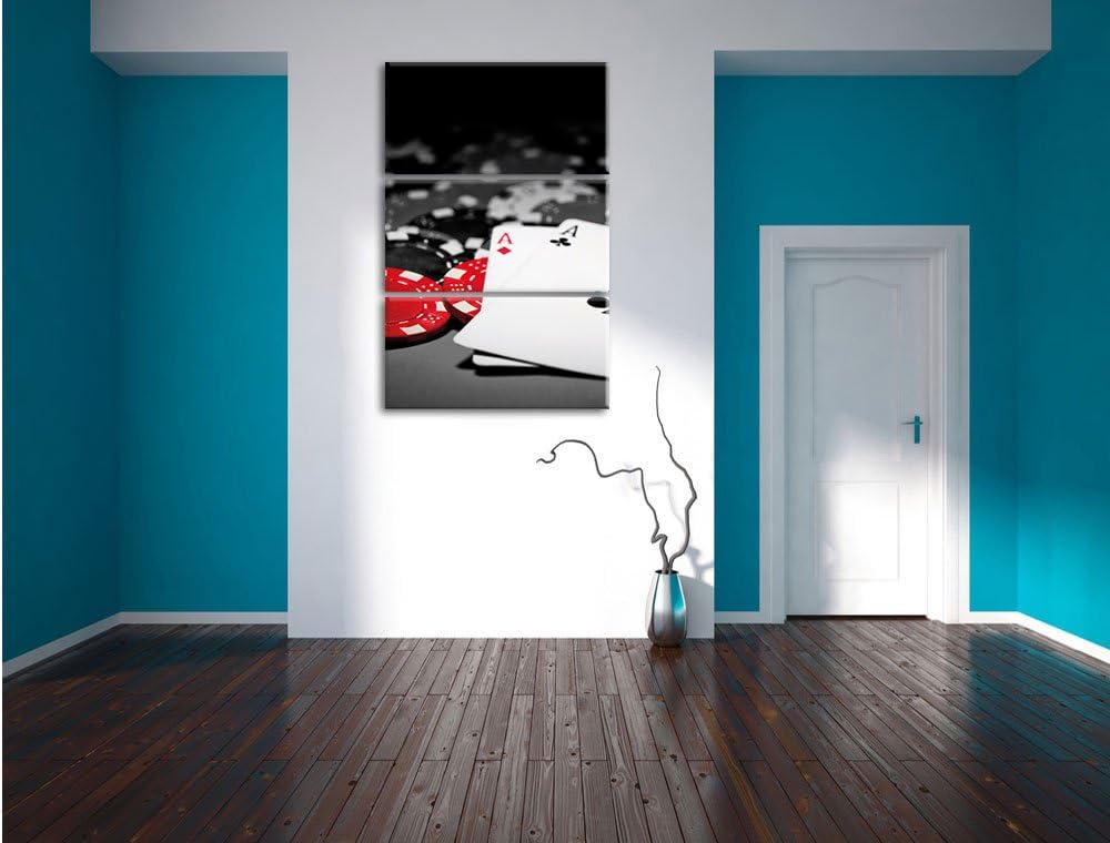 Pixxprint Spielkarten auf Pokertisch schwarz/weiss 3-Teiler Leinwandbild 120x80 Bild auf Leinwand