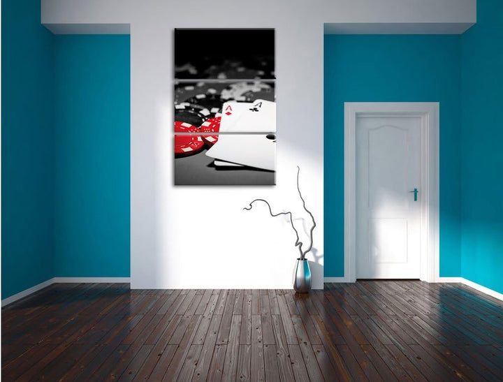 Pixxprint Spielkarten auf Pokertisch schwarz/weiss 3-Teiler Leinwandbild 120x80 Bild auf Leinwand