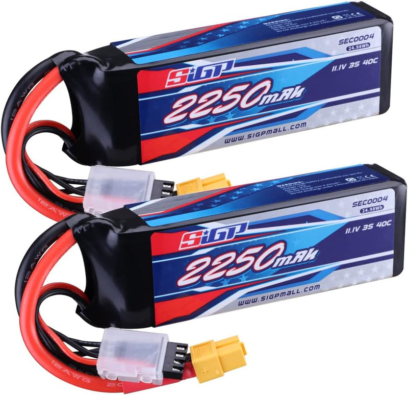 SIGP 2 Stück 11,1V 3S Lipo Akku 2250mAh 40C Soft Pack mit XT60 Stecker für RC Flugzeug Quadcopter He