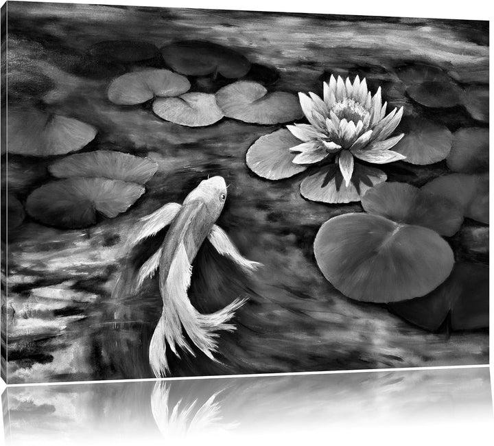 Pixxprint Koi mit Seerose Kunst / 100x70cm Leinwandbild bespannt auf Holzrahmen/Wandbild Kunstdruck