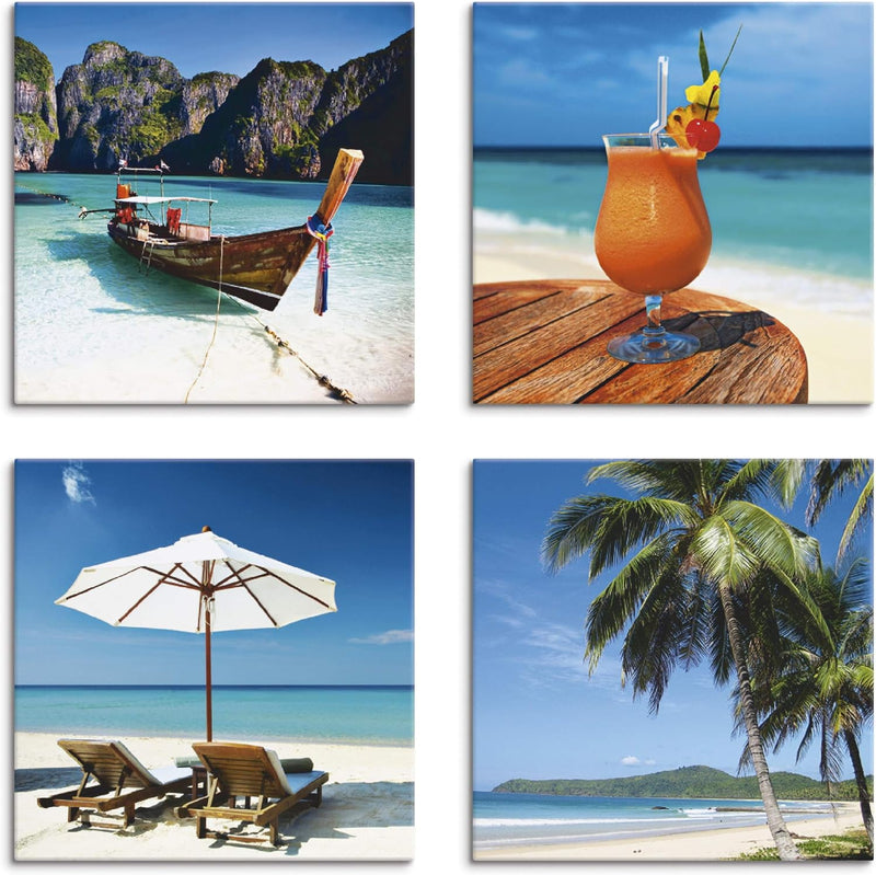 ARTLAND Strandbilder Leinwandbilder Set 4 tlg. je 20x20 cm Quadratisch Wandbilder Landschaft Thailan