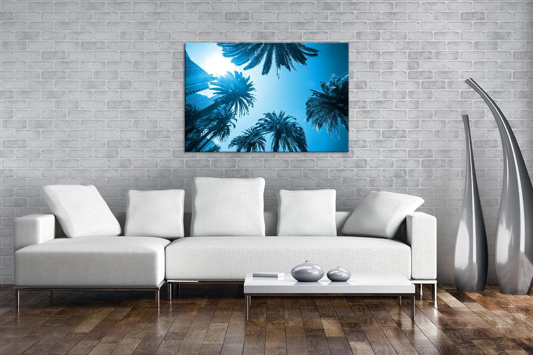 deyoli tropische Stadt mit Palmen Format: 60x40 Effekt: Monocrome Blau als Leinwand, Motiv fertig ge