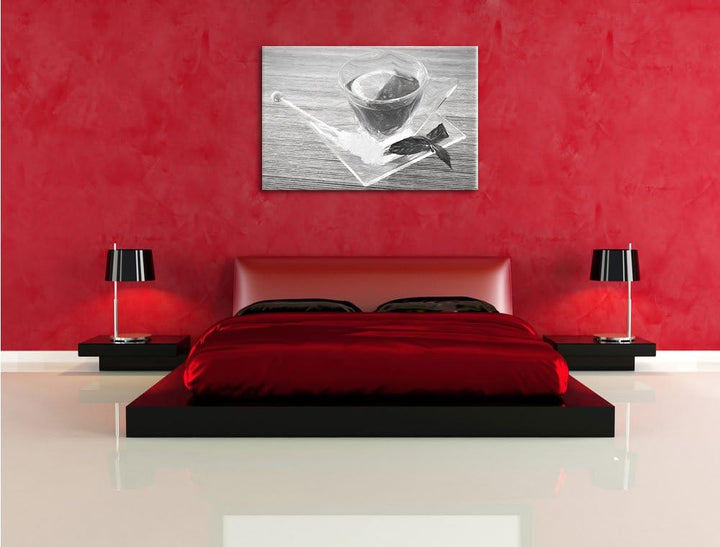 Pixxprint Tasse Tee mit Minze Kohle Zeichnung Effekt, Format: 100x70 auf Leinwand, XXL riesige Bilde