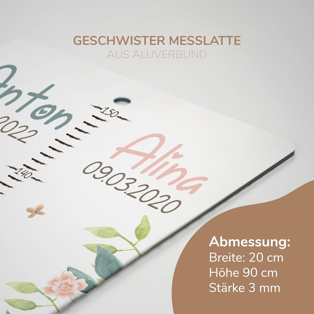 Kidsmood Personalisierte Geschwister-Messlatte für Kinder aus Aluverbund, Kinderzimmer Deko für Mädc