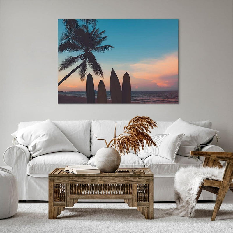 Bilder auf Leinwand 100x70cm Leinwandbild mit Rahmen Strand Meer Palme Gross Wanddeko Bild Schlafzim