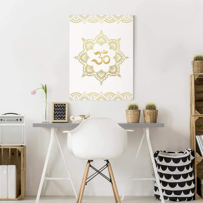 Bilderwelten Leinwandbild - Mandala OM Ornament weiss Gold - 80 x 60cm - Recycled Canvas 80cm x 60cm