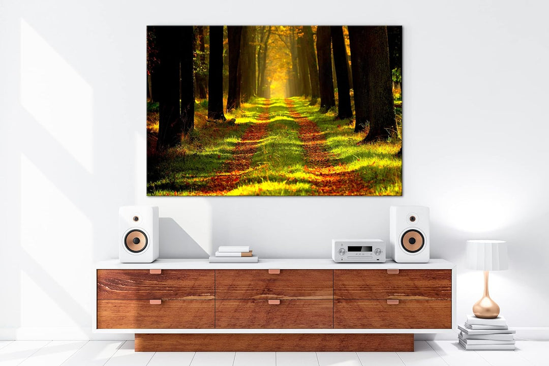 deyoli Waldweg im Herbst Format: 80x60 als Leinwandbild, Motiv fertig gerahmt auf Echtholzrahmen, Ho