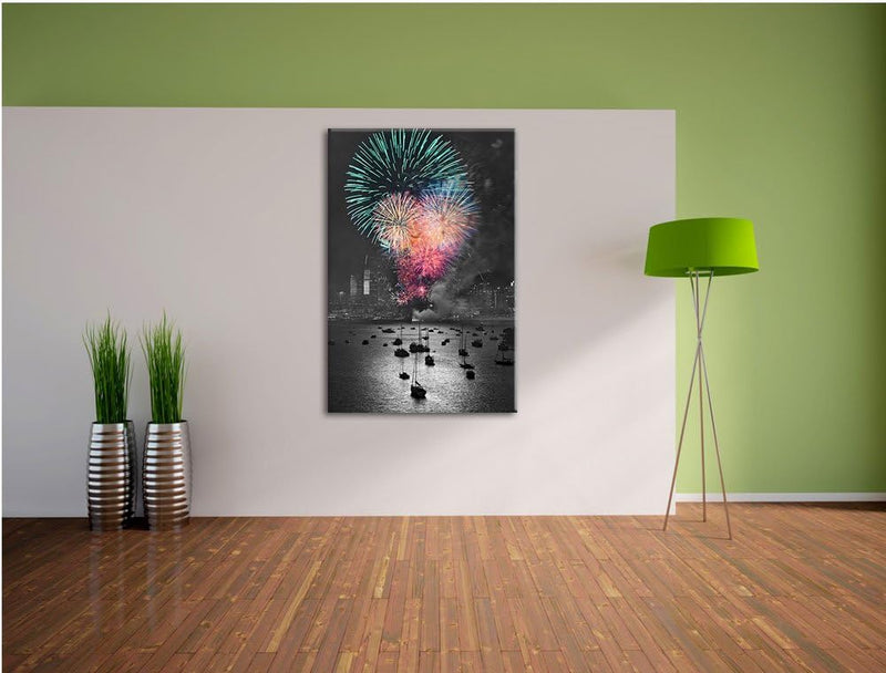 atemberaubendes Feuerwerk über Meer schwarz/weiss Format: 100x70 auf Leinwand, XXL riesige Bilder fe