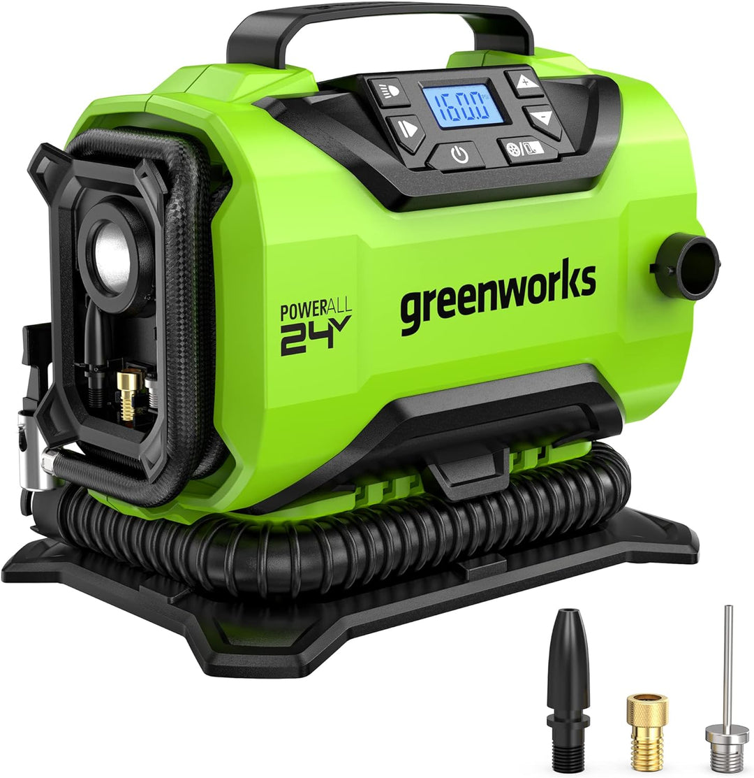 Greenworks G24IN Akku Luftpumpe, 11 Bar, Nieder- oder Hochdruck, automatische Abschaltung mit 3 Adap