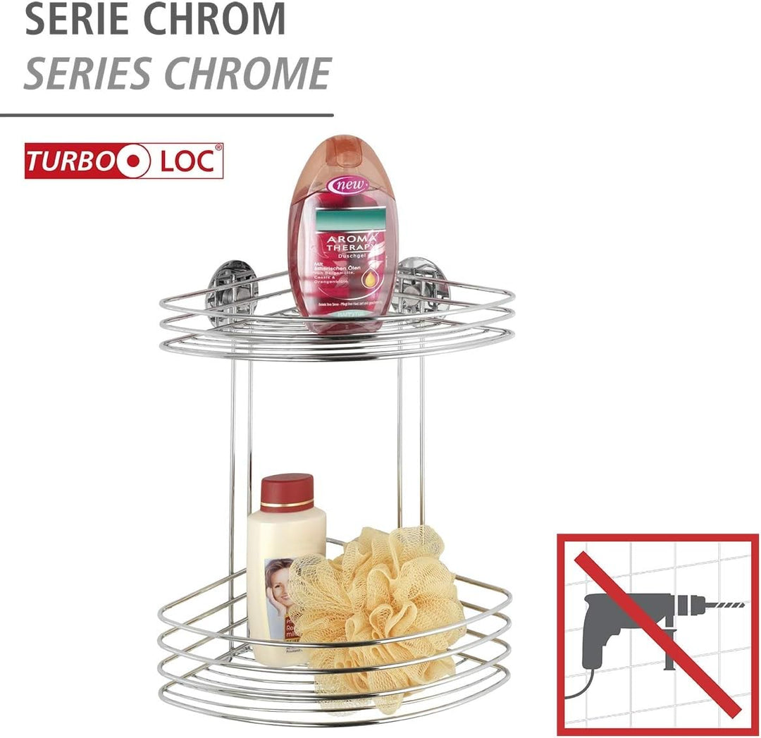 WENKO Turbo-Loc® Eckregal 2 Ablagen - Befestigen ohne bohren, Stahl, 26.5 x 33 x 20 cm, Chrom 33 x 2